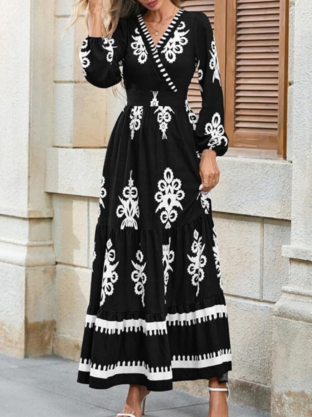 Boho Floral V-Neck Ruffle Maxi Dress Black White Fall Wedding Guest